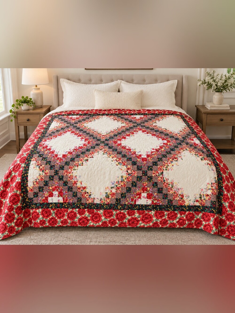 Patchwork Floral Quilt Bedspread in Cream and Red